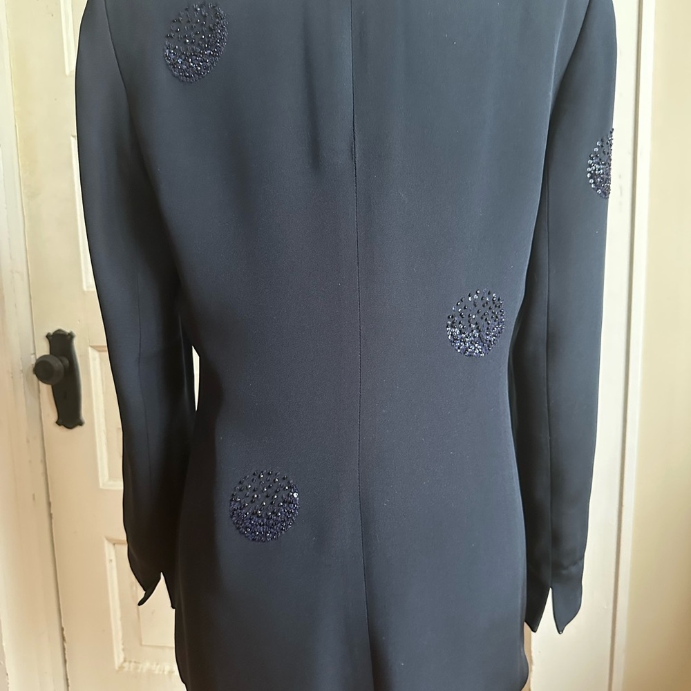 Akris Navy Silk Jacket with Hand Beaded Crystals Size 10 - Picture 4 of 16